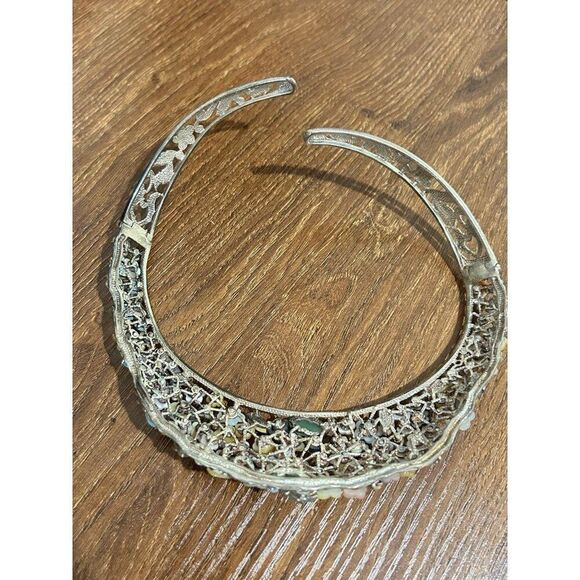 Exquisite 925 Silver Floral Stones Open Collar Necklace - Picture 5 of 9